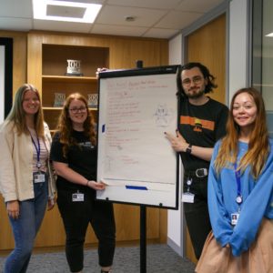 4 staff members around a flip chart in a training session