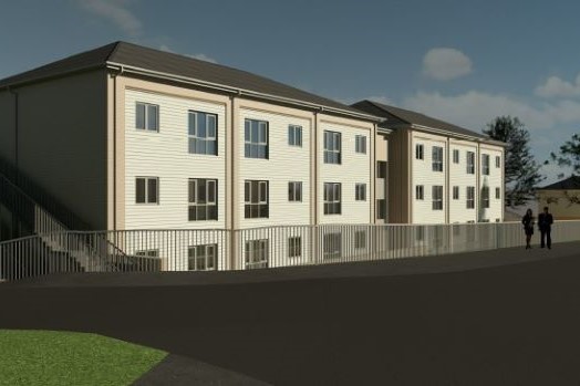CGI of WWH three storey apartment building Cwrt Pentwmpath