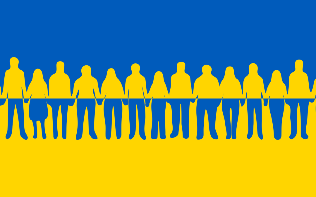 Graphic Icons of people holding hands with colours of the Ukrainian flag