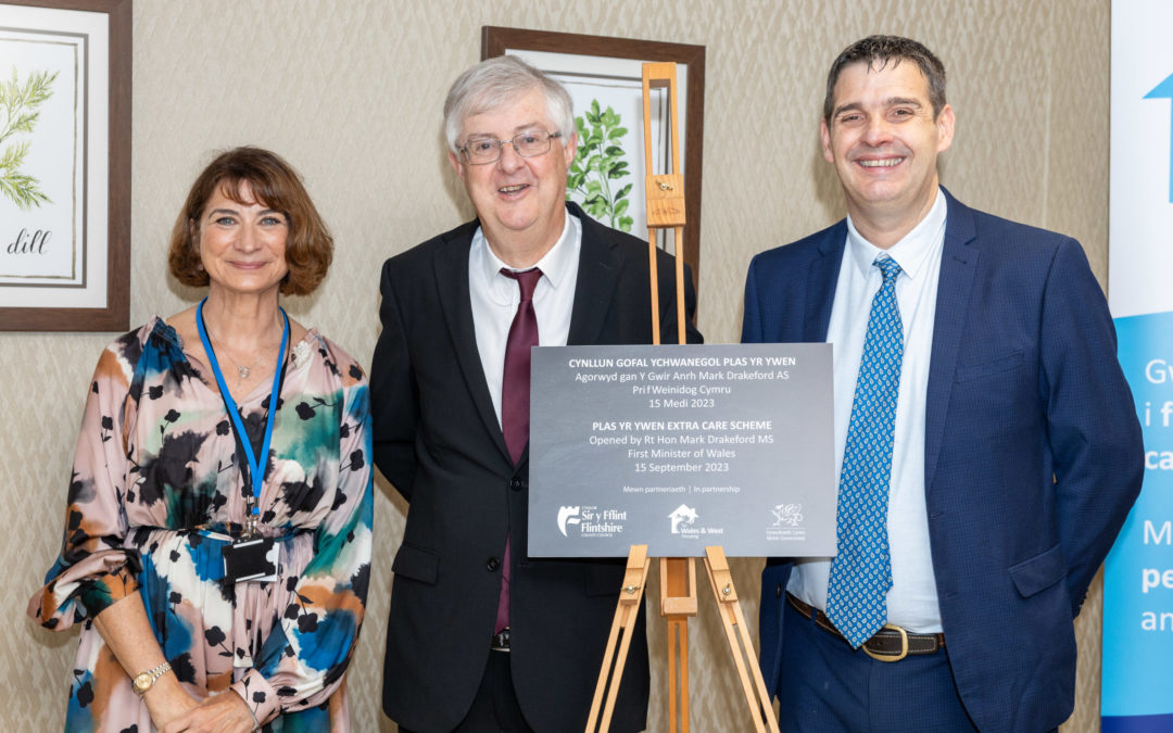 First Minister Mark Drakeford with Janet Bellis (Flintshire Council) & Alex Ashton (Wales & West Housing) at Plas yr Ywen extra care official opening, Holywell