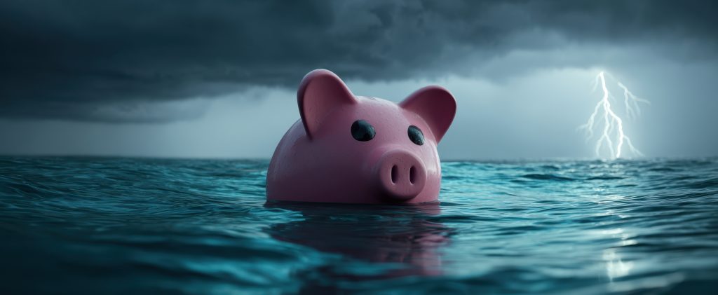 The Piggy Bank Adrift on a Stormy Ocean Under Ominous Lightning and Dark Clouds